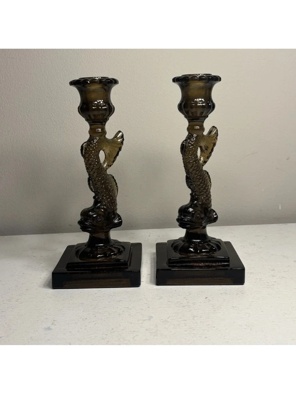 Vintage Imperial Nut Brown Dolphin/Koi Fish Candle Holders set of 2